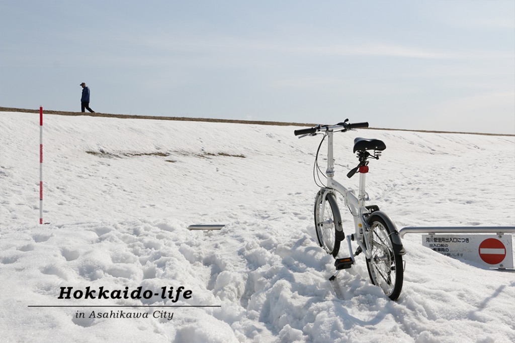 石狩川河岸の堤防の雪と自転車
