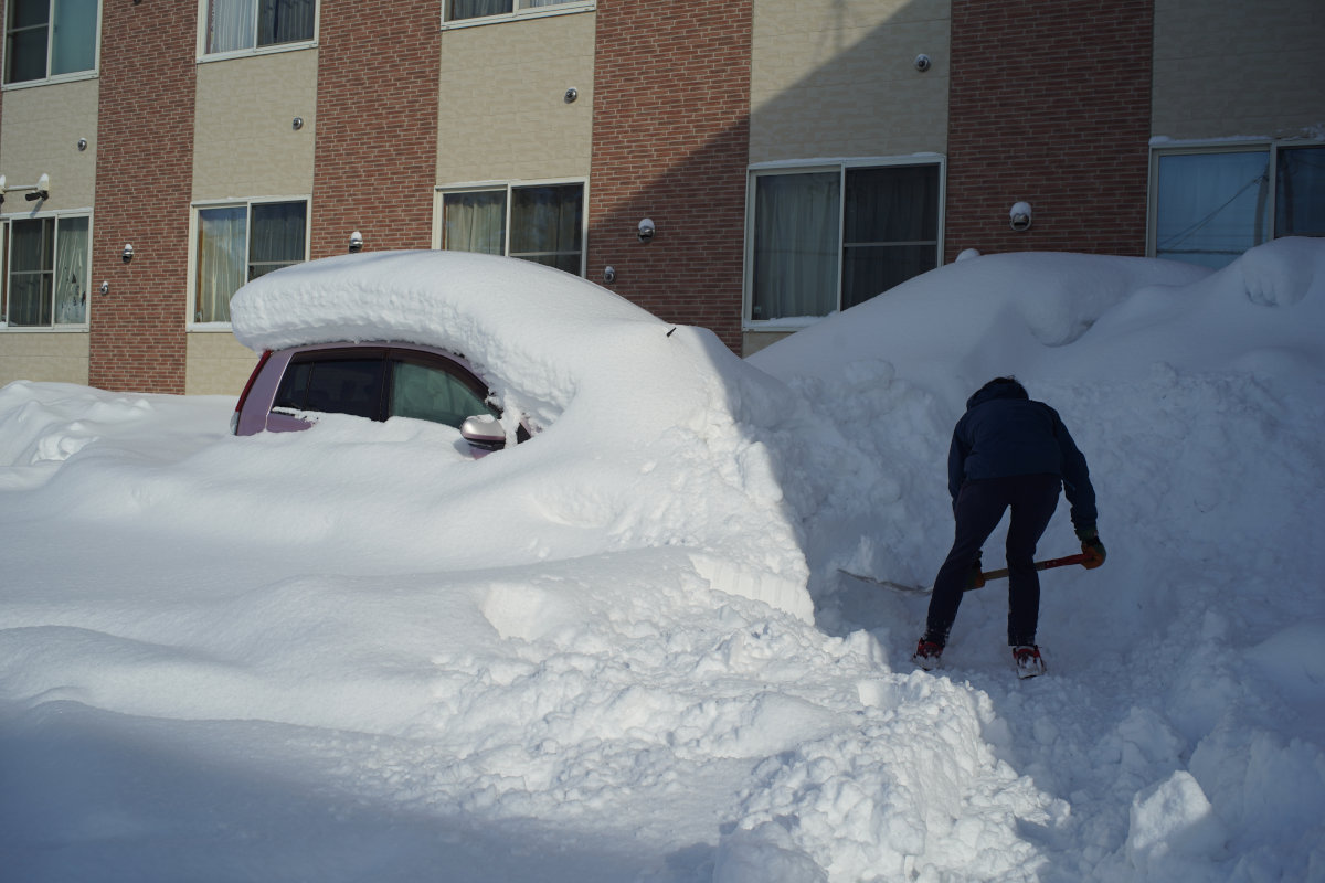 雪に埋まった自家用車を掘る学生